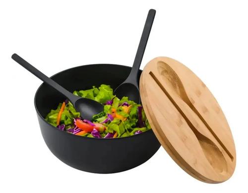 Cuenco Ensaladera Tapa De Bambu Y Utensilios Premium Marrón Claro