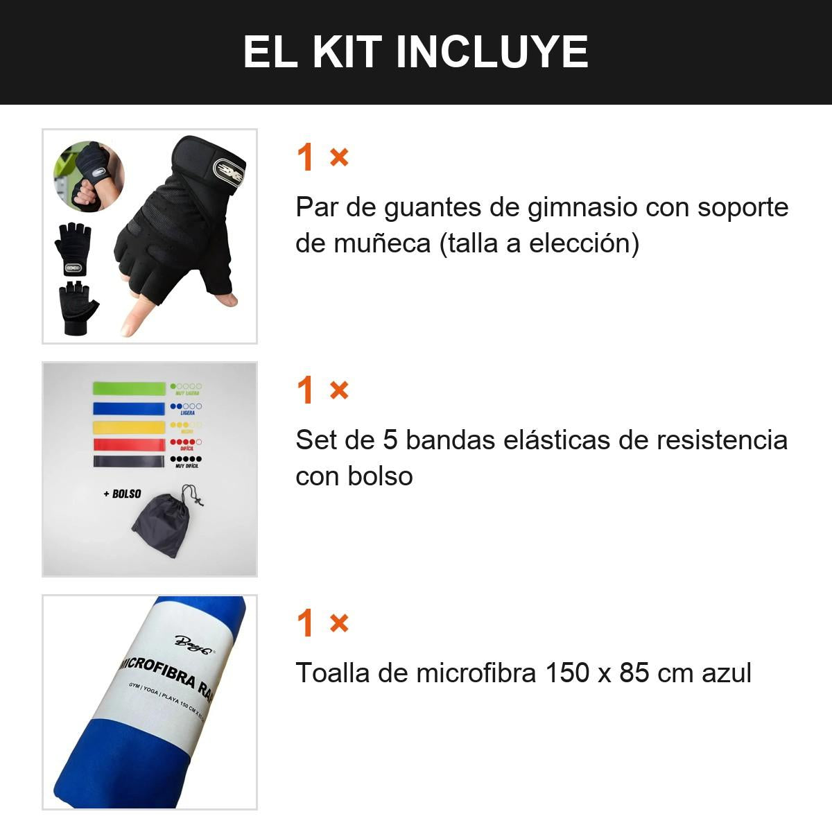Kit Gym Inicial Guantes + Bandas Elásticas + Toalla Microfib Negro Xl