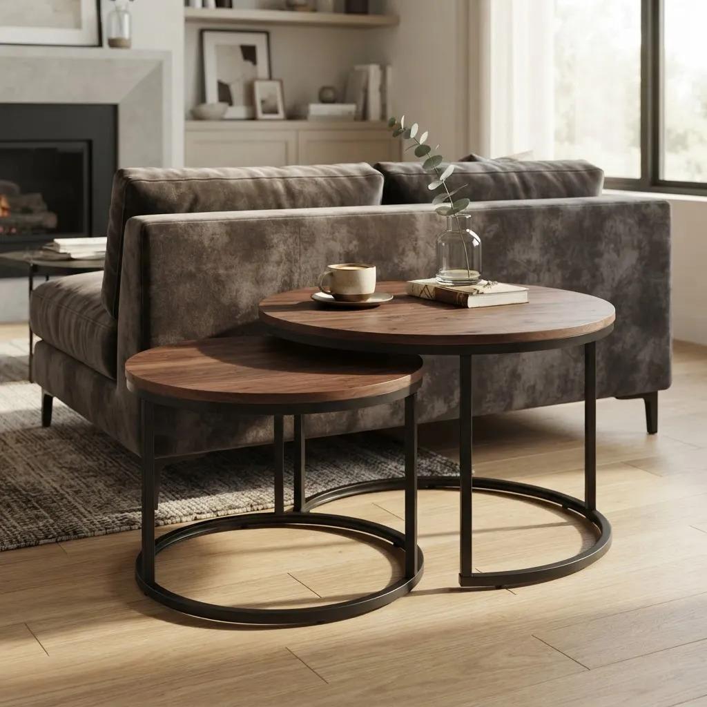 Set 2 Mesas Nido Redondas Madera Metal Living Moderna Café