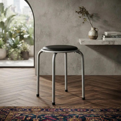 Banco Redondo Metal Taburete Apilable Acolchado Negro Y Gris