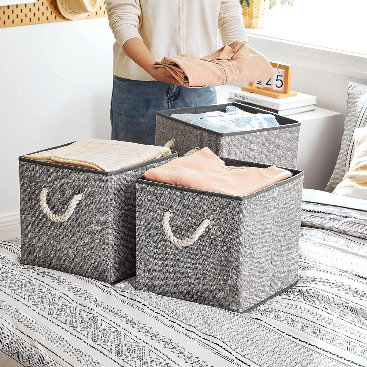 Set De 3 Cajas Organizadoras De Tela Plegables Con Asas