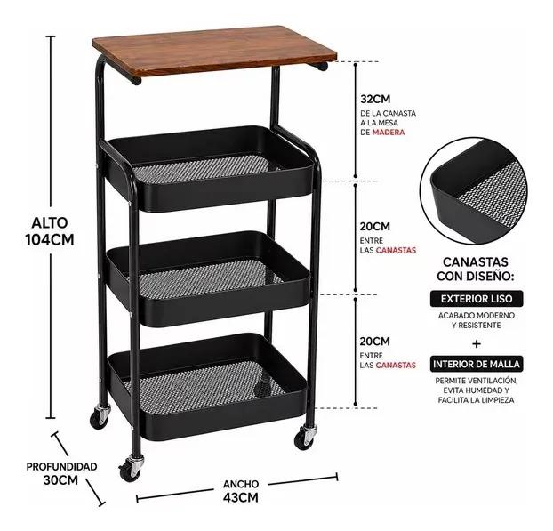 Carro Organizador 3 Niveles Con Ruedas Living Cocina Dorm Café Con Negro