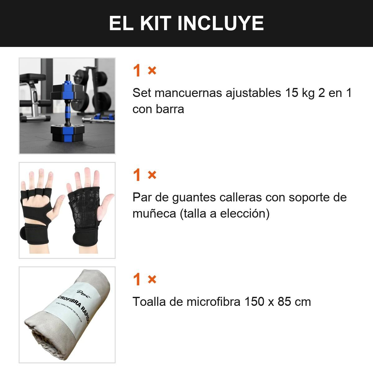 Kit Gym En Casa Mancuernas 15kg + Calleras Talla L + Toalla Azul