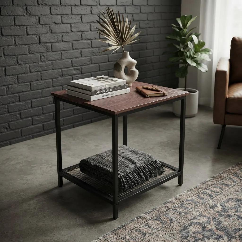 Mesa Auxiliar Lateral Con Repisa Madera Metal Café Oscuro