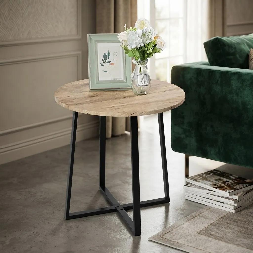 Mesa Lateral Redonda Madera Metal Auxiliar Living Café Claro
