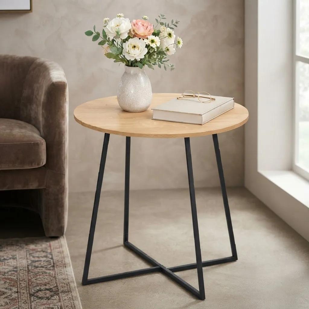 Mesa Lateral Redonda Madera Metal Auxiliar Living Café Claro