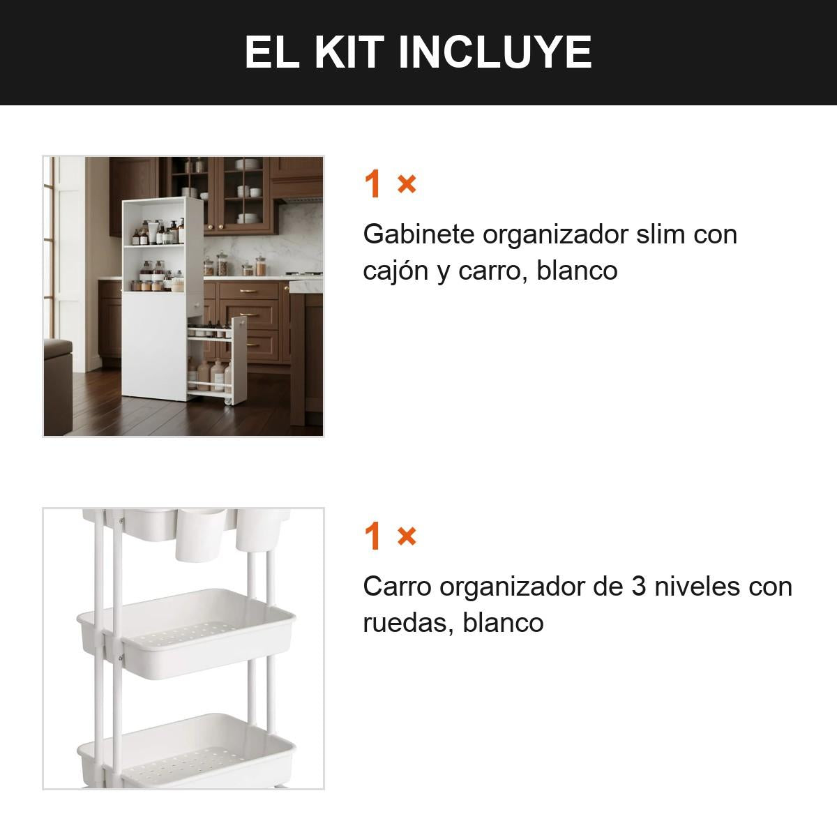 Set Cocina Gabinete Organizador Slim + Carro 3 Niveles Blanc Blanco
