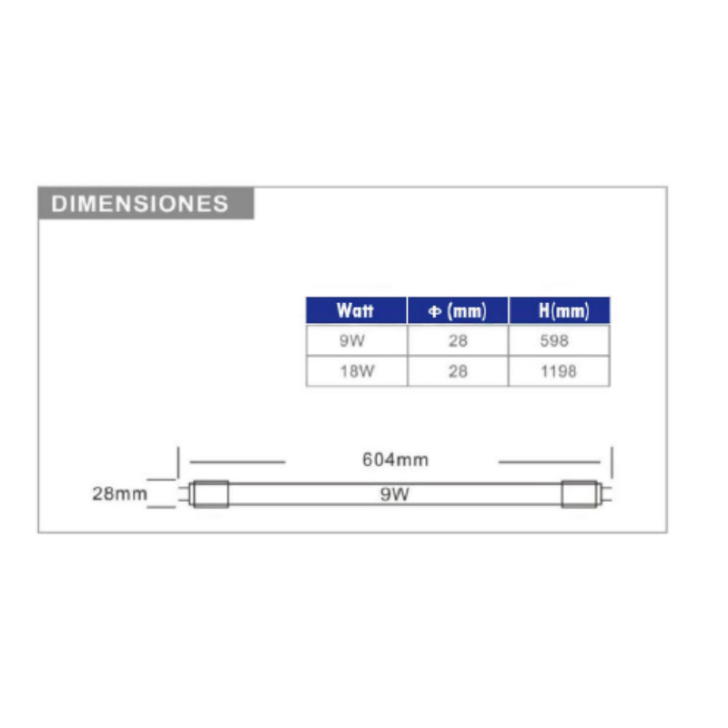 Tubo LED 9W 6500K - Luz día, 600mm x 25 unidades